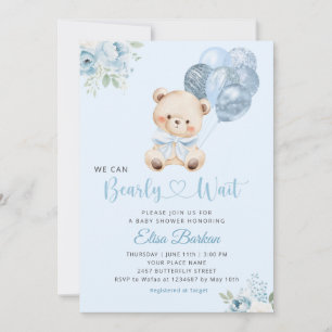 We Can Bearly Wait Blue Balloon Boy Baby Shower  Invitation