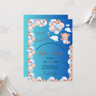 We Can Bearly Wait Blue Balloon Boy Baby Shower Invitation