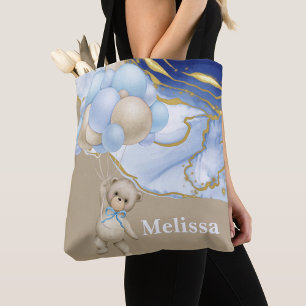 We can bearly wait blue balloon personalize tote bag