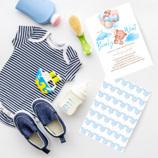 We Can Bearly Wait Blue Bear Baby Shower Invitation