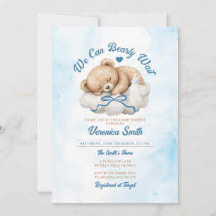 We can bearly wait Blue Bow Bear Boy Baby Shower Invitation