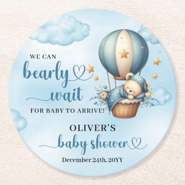 We can bearly wait blue brown ivory teddy bear round paper coaster (Front)