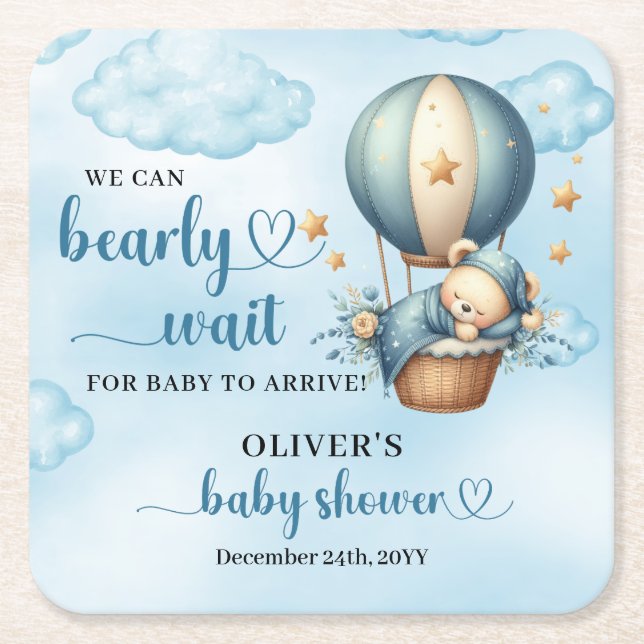 We can bearly wait blue brown ivory teddy bear square paper coaster (Front)