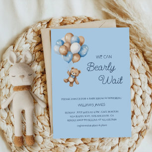 We Can Bearly Wait - Blue & Brown Teddy Bear  Invitation