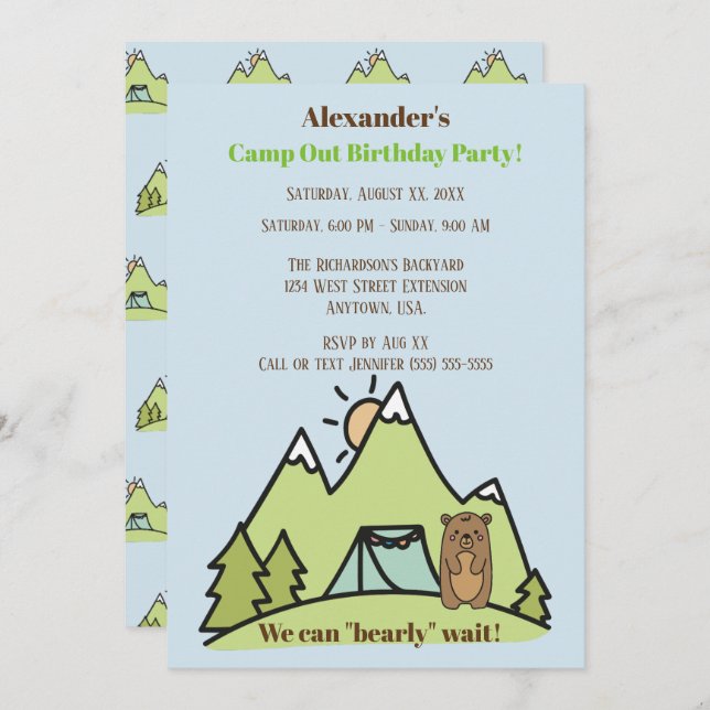 We Can Bearly Wait Blue Camp Out Birthday Party Invitation (Front/Back)
