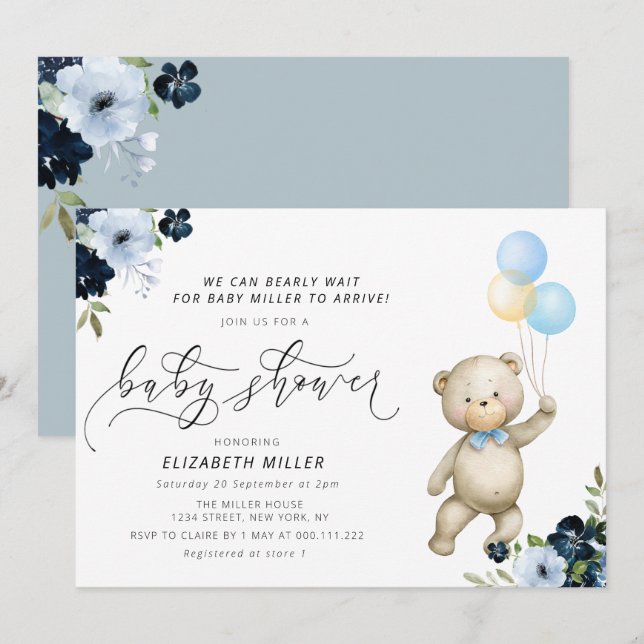 we can bearly wait blue floral baby shower invitation (Front/Back)
