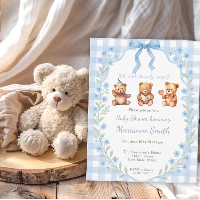 We Can Bearly Wait Blue Floral Gingham Baby Shower Invitation (Creator Uploaded)