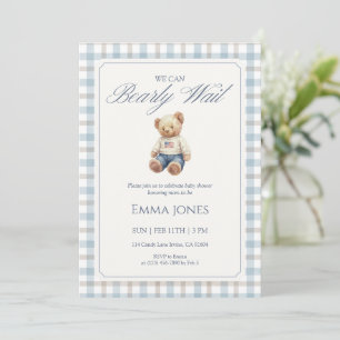 We Can Bearly Wait Blue Gingham baby shower Invitation