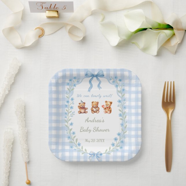 We Can Bearly Wait Blue Gingham Baby Shower  Paper Plate (Wedding)