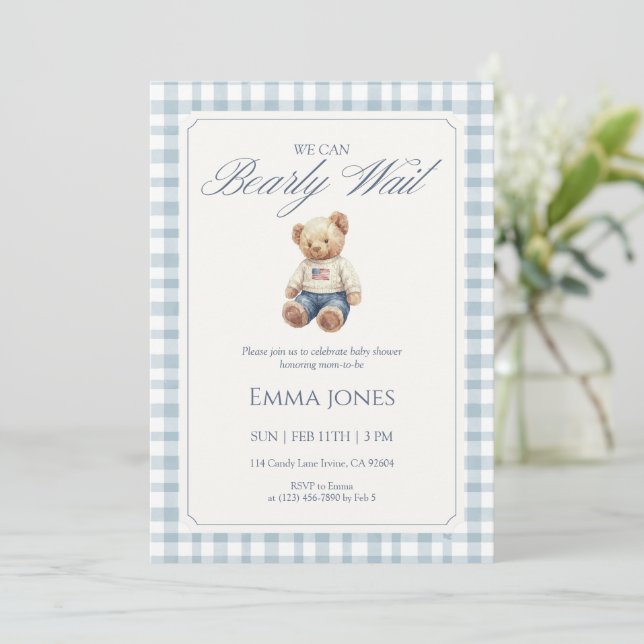 We Can Bearly Wait Blue Gingham pattern shower Invitation (Standing Front)
