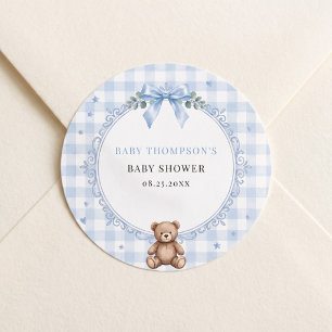 We Can Bearly Wait Blue Gingham Teddy Bear Classic Round Sticker
