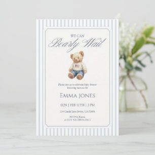 We Can Bearly Wait Blue stripe pattern shower Invitation