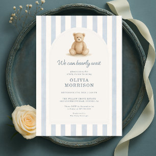 We Can Bearly Wait Blue Stripes Baby Shower Invitation