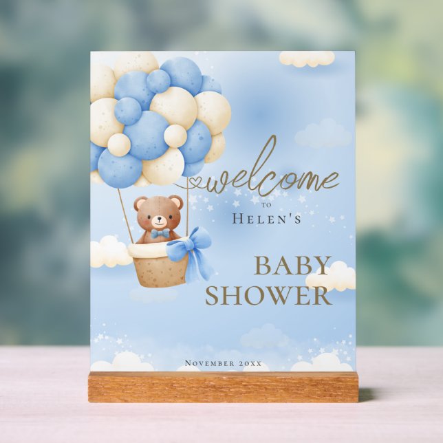 We can Bearly Wait Blue Teddy Bear Baby Shower Acrylic Sign (Neutral)