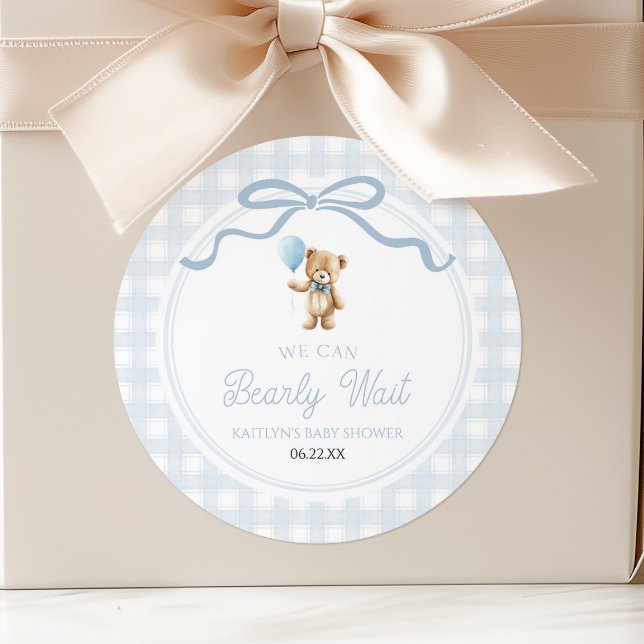 We Can Bearly Wait Blue Teddy Bear Baby Shower Classic Round Sticker (Creator Uploaded)
