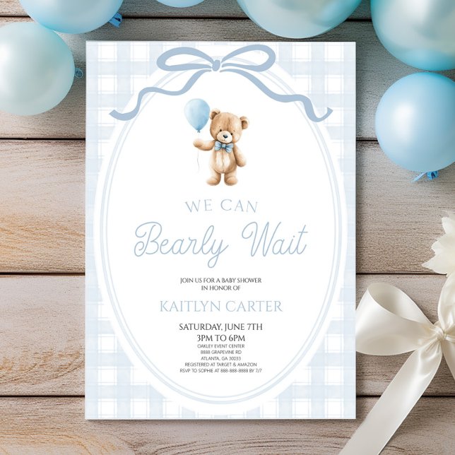 We Can Bearly Wait Blue Teddy Bear Baby Shower Invitation (Creator Uploaded)