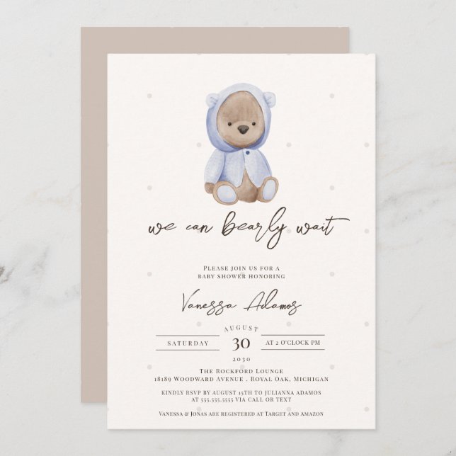 We Can Bearly Wait, Blue Teddy Bear Baby Shower Invitation (Front/Back)