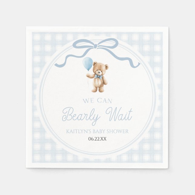 We Can Bearly Wait Blue Teddy Bear Baby Shower Napkin (Front)