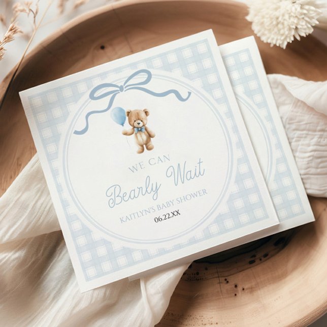 We Can Bearly Wait Blue Teddy Bear Baby Shower Napkin (Creator Uploaded)