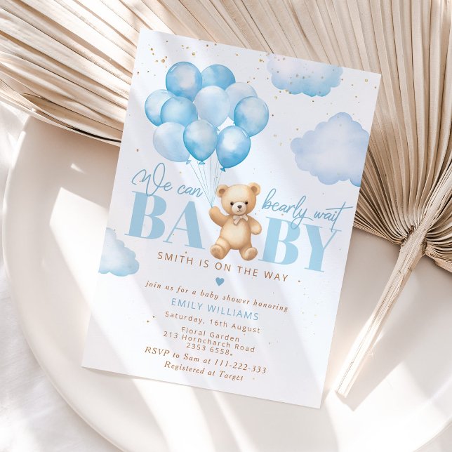 We can bearly wait blue teddy bear balloon  invitation (Creator Uploaded)