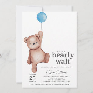 We Can Bearly Wait Blue Teddy Bear Boy Baby Shower Invitation