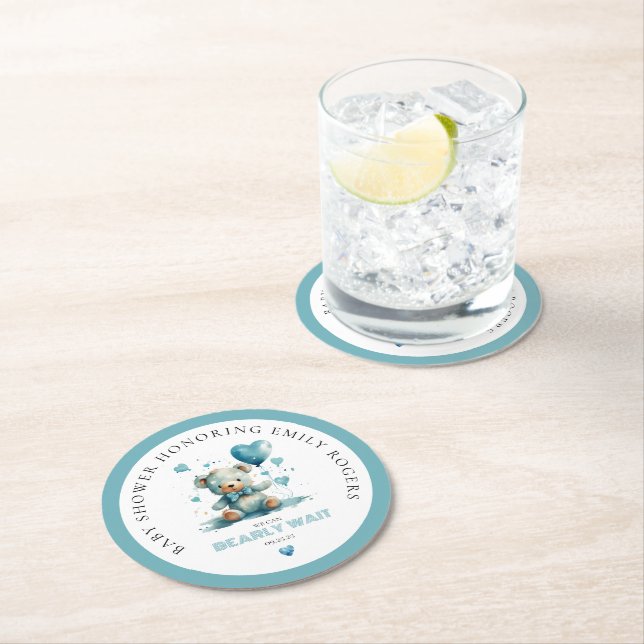 We Can Bearly Wait Blue Teddy Bear Round Paper Coaster (Insitu)