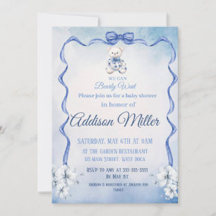 We Can Bearly Wait, Blue&White Elegant Baby Shower Invitation