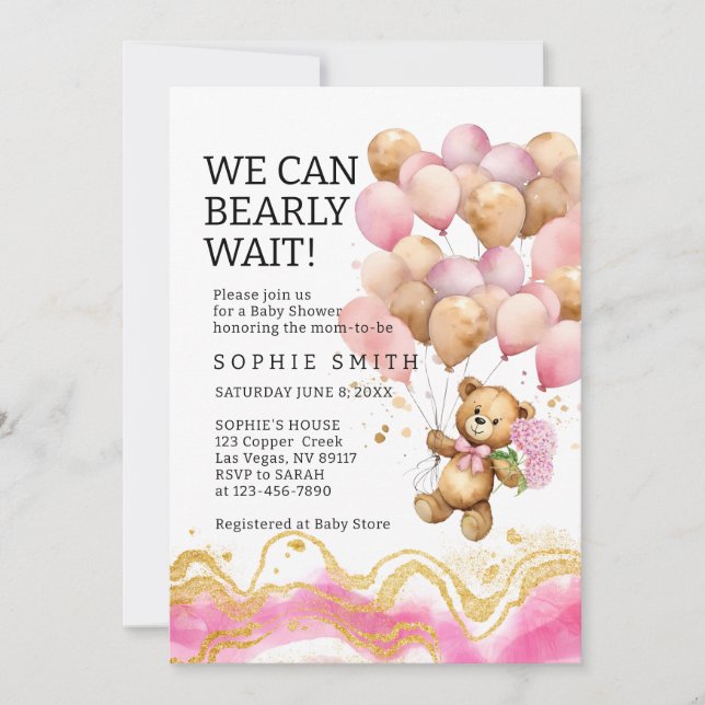 We Can Bearly Wait Blush Pink And Gold Abstract Invitation (Front)