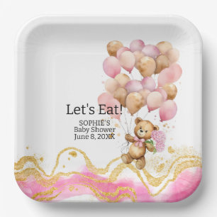 We Can Bearly Wait Blush Pink And Gold Abstract Paper Plate
