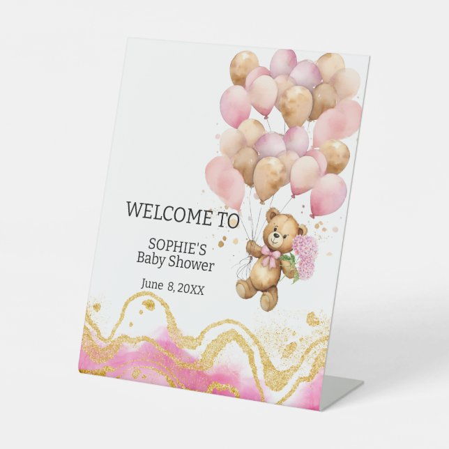We Can Bearly Wait Blush Pink And Gold Abstract Pedestal Sign (Front)