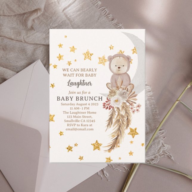 We Can Bearly Wait Boho Bear Moon Baby Brunch Invitation (Creator Uploaded)