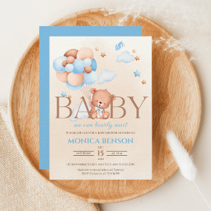 We Can Bearly Wait Boho Blue Beige Baby Shower Invitation