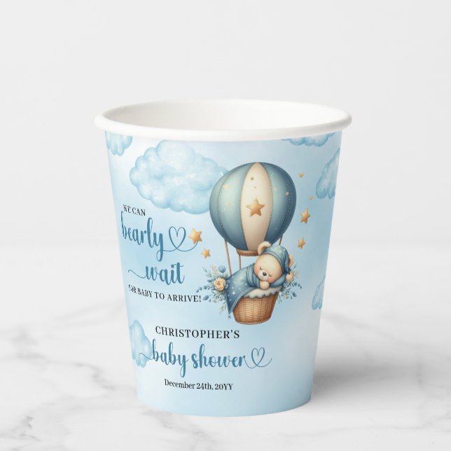 We can bearly wait boy baby shower hot air balloon paper cups (Front)