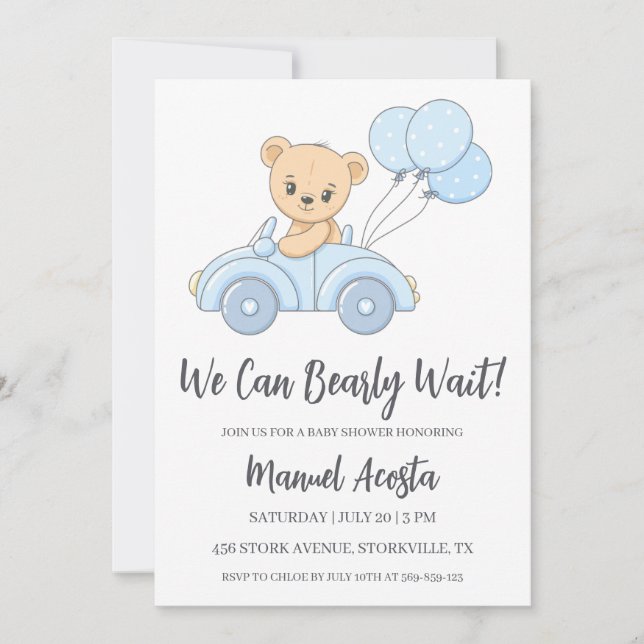 We Can Bearly Wait Boy Baby Shower Invitation (Front)