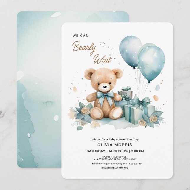 We Can Bearly Wait Boy Baby Shower Invitation (Front/Back)