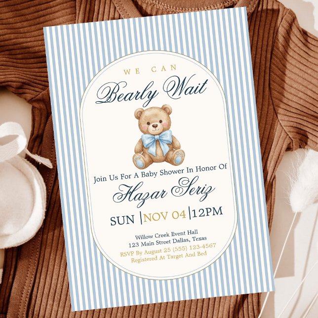 We Can Bearly Wait Boy Baby Shower Invitation (Creator Uploaded)