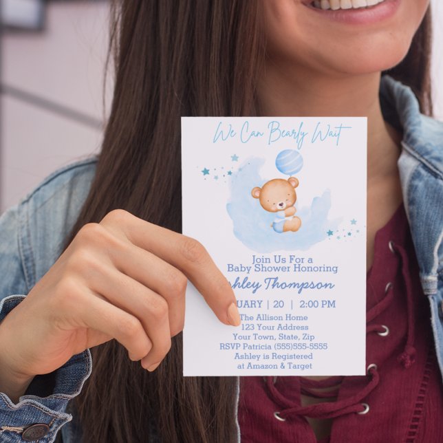We Can Bearly Wait Boy Baby Shower Invitation (Creator Uploaded)