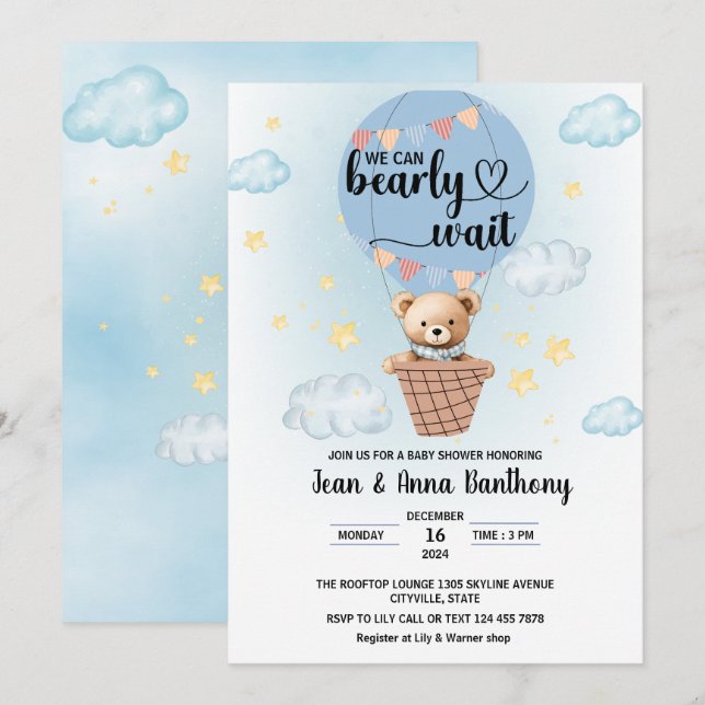 we can bearly wait boy baby shower invitation (Front/Back)