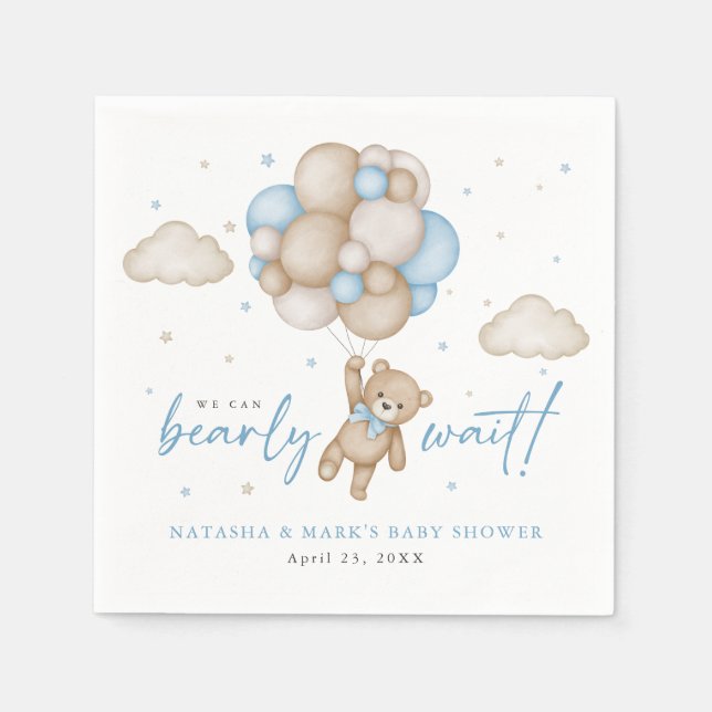 We Can Bearly Wait Boy Baby Shower Napkin (Front)