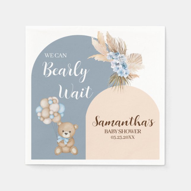 We Can Bearly Wait Boy Baby Shower Paper Napkin (Front)