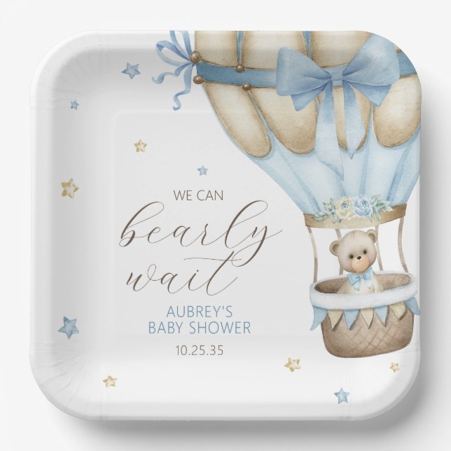 We Can Bearly Wait Boy Baby Shower Paper Plate (Front)