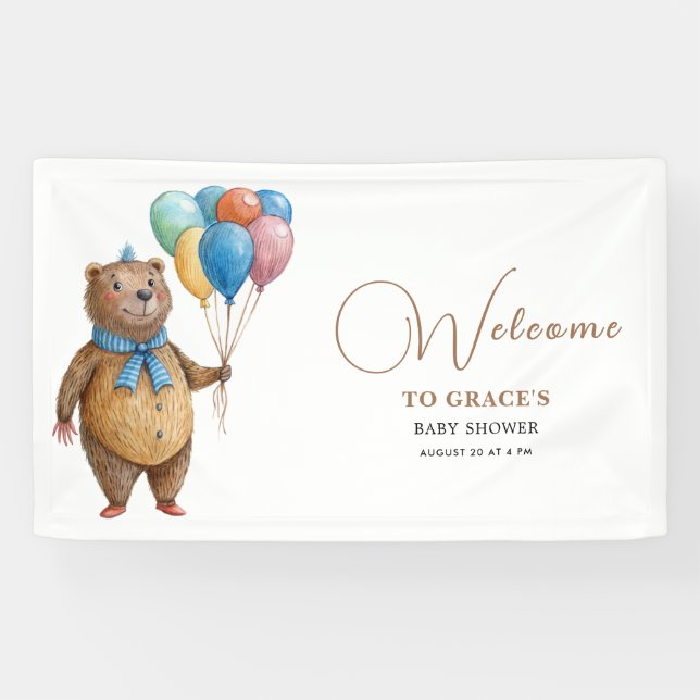We Can Bearly Wait Boy Bear Balloon Baby Shower Banner (Horizontal)
