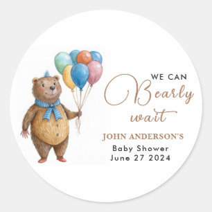 We Can Bearly Wait Boy Bear Balloon Baby Shower Classic Round Sticker
