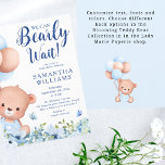 We Can Bearly Wait Boy Blue Baby Shower Invitation<br><div class="desc">This cute "We Can Bearly Wait" baby shower invitation features an sweet teddy bear with balloons in shades of blue and is perfect for a mom expecting a baby boy. The simple, modern design features blue watercolor flowers and greenery in dusty blue and navy blue. Your text is written in...</div>