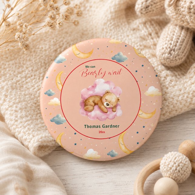 We Can Bearly Wait Boy Cute Bear Baby Shower  2 Inch Round Button (We Can Bearly Wait Boy Cute Bear Baby Shower Button)