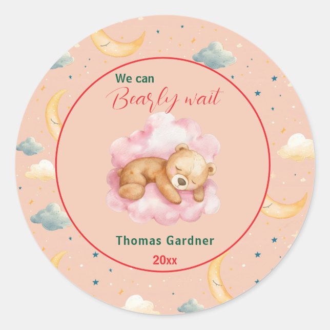 We Can Bearly Wait Boy Cute Bear Baby Shower  Classic Round Sticker (Front)
