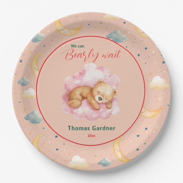 We Can Bearly Wait Boy Cute Bear Baby Shower  Paper Plate (Front)