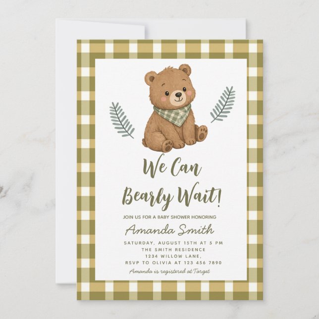 We can Bearly Wait Boy Gingham Baby Shower Invitation (Front)