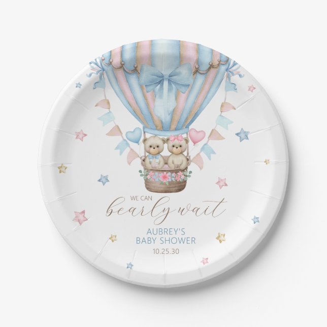 We Can Bearly Wait Boy Girl Twin Baby Shower Paper Plate (Front)