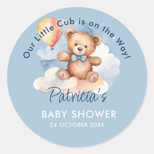 We Can Bearly Wait Boy Teddy Bear Baby Shower Classic Round Sticker (Front)